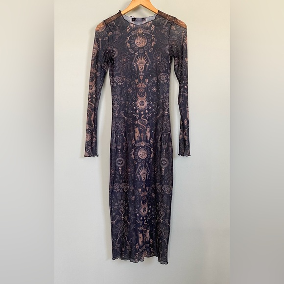 Thistle & Spire Arcana Black Gold Tarot Mesh Midi Long Sleeve Dress - Picture 2 of 5